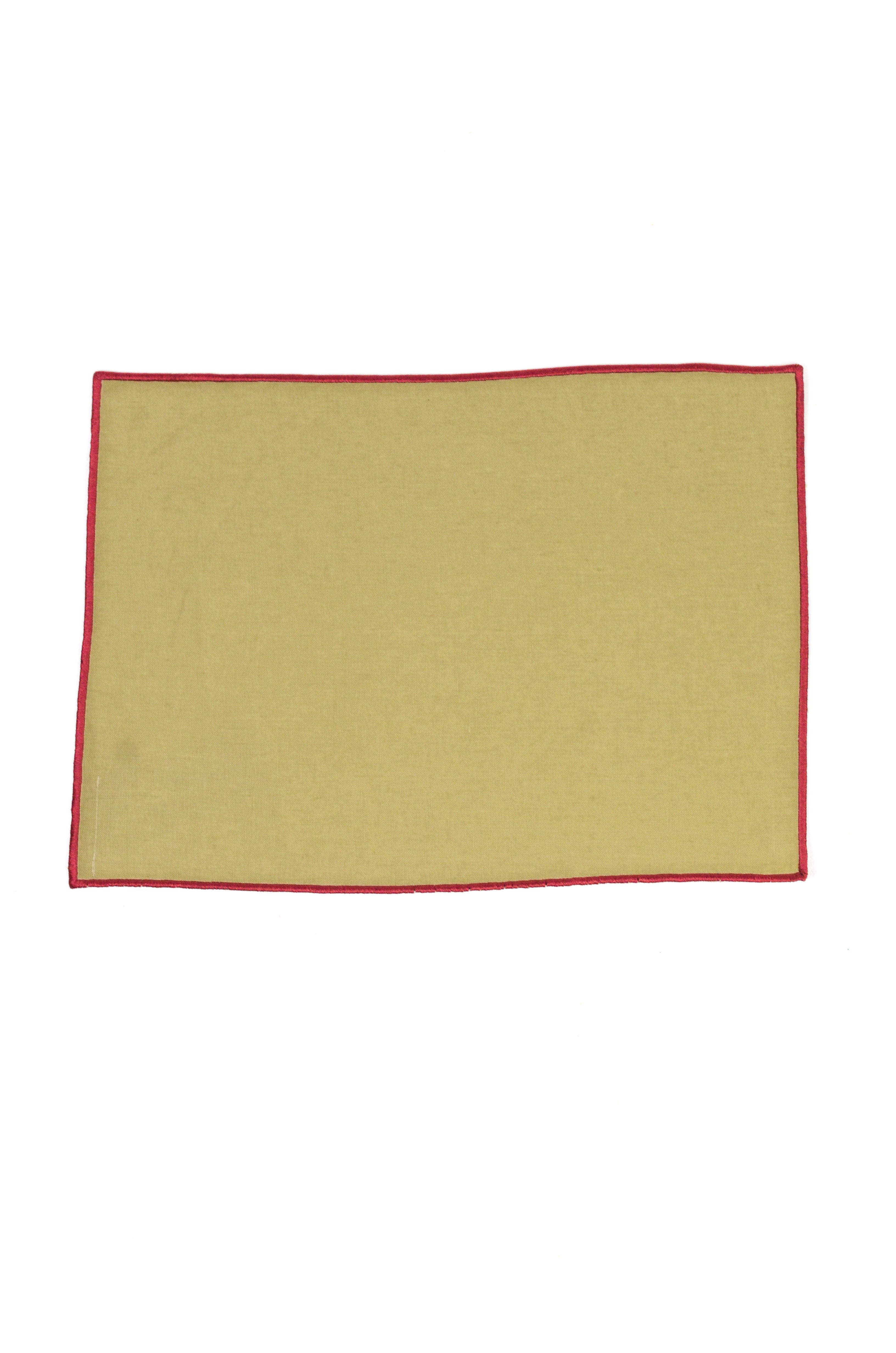 Jogo Americano Linho Verde Oliva Bainha Bordada Vinho Tinto