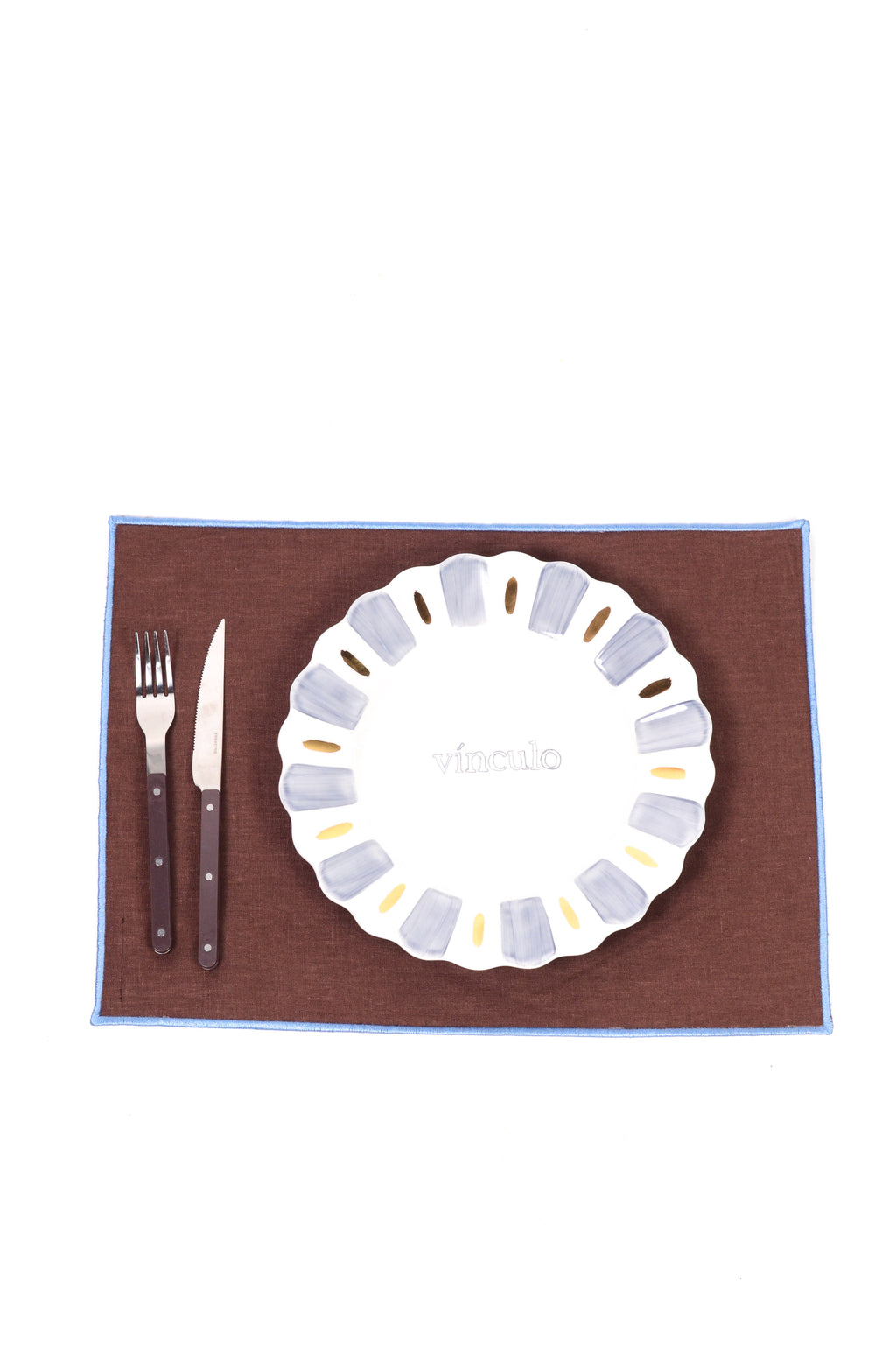 Jogo Americano Linho Marrom Café Bainha Bordada Azul Céu