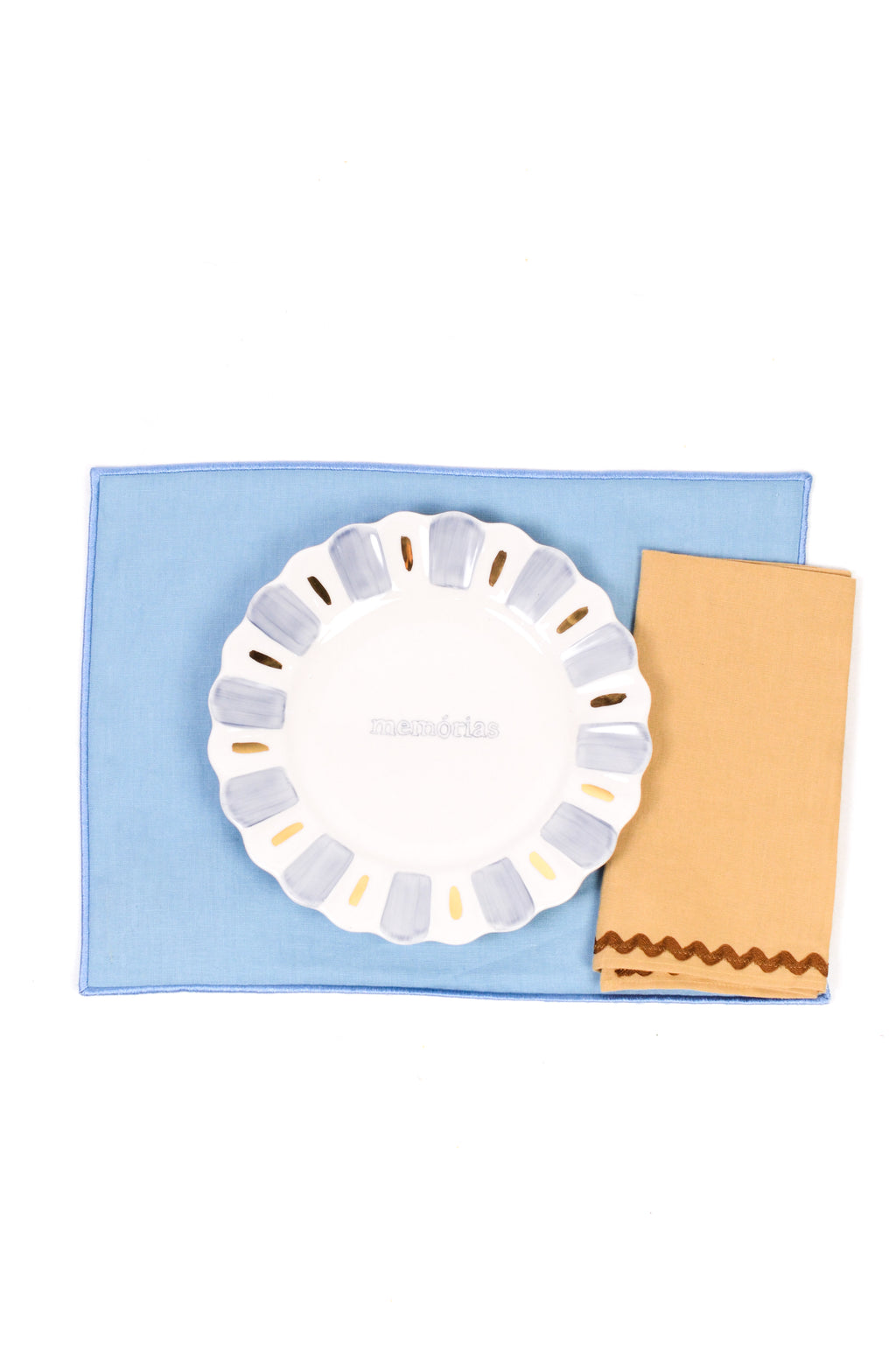 Jogo Americano Linho Azul Céu Bainha Bordada